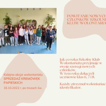 Powitanie nowych członków  szkolnego Klubu Wolontariatu